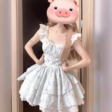 French First Love Sweet Little Flying Sleeves Broken Floral Dress Women Summer Waists Show Skinny Little Princess Puff Short Skirt