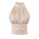 Korean Version Of Sexy Hottie Folded Short Folded Folded Body Shoulder Hanging Neck Vest Thin Solid Color Wearing T-Shirt New