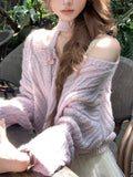 Long Thousands Of Gold Color Dyed Purple V Neck Scarf Wool Knitted Cardigan Coat