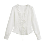 Sexy Pure Lust Style Lace Lace Design White Shirt Female Hottie Tied Door To Waist Temperament Long-Sleeved Top