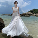 French White Hollow Slanted Shoulder Sleeveless Dress Women Summer High Sense Seaside Holiday Temperament Lanky Dress