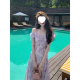 French Sweet Purple Sling Dress Woman Summer High Waist Thin Seaside Holiday Dress Dating Long Dress