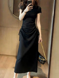 2026 New French Retro Gray Short-Sleeved Dress Women's Summer Design Feel Waist Folded Bag Hip Dress