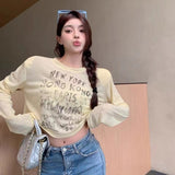 Summer Retro Old Letter-Print T-Shirt Women's Thin Long-Sleeved Hoodie Loose Short-Term Umbilical Top