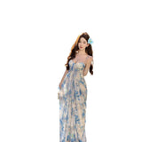 French Rose-Print Temperament Tie-Dye-Smeared Corset Dress Women Pure Desire To Cultivate The Holiday Wind Fishtail Long Skirt