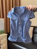 Blue Plaid Shoulder-Throw Design Short-Sleeved Shirt Women's Summer New Slimming Fashion Top