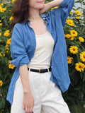 French Loose-In-Sense Shirt Thin-Sting Loose Sun-Sample Nes Blue Shirt Cotton Linen Woman