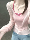 Summer New Korean Design Colliding V-Neck Long Sleeve Thin Sunscreen Knitting Shirt + Bow Slings Stacked Clothes