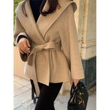 South Korea Dongdaemun Chic French Retro High-End Temperament With Small Hooded Loose Tying Coat