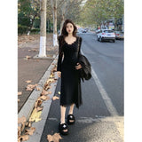 Sexy V-Neck Lace Spliced Long-Sleeved Dress Women In Autumn With Big Coats Small Man Toss Long Dress
