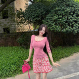Sweet Spice Girls Set Thin Lace U-Necked T-Shirt Top Women's Summer Broken Flower Bag Half-Dress Skirt Two Sets