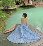 Super Fairy Design Sense Of Summer Waves Blue Pure Lust Wind Holiday Wind Bare Back To Show Thin Skirt Slings Long Skirts