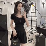 Grey Square Neck Short Sleeve Dress Summer New Hot Girl Small Man To Repair Body Body A Word Skirt