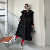 2025 New Korean Chic Niche Design Lace Splicing Lotus Leaves Side Loose Long Dress 2 Colors
