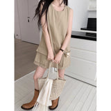 Summer New Wind Washing Water Cotton Large Pocket Loose Sleeveless Dress Women Thin Vest Skirt A Skirt