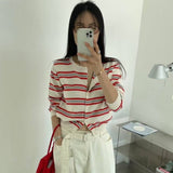 South Korea's Dongdaemun In Autumn Hit-Colored Striped Round Collar Buckle With Gentle Knitted Cardigan Top 3 Colors