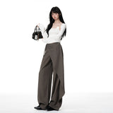 New Spring New Brown Gray Irregular Ribbon High-Rise Broad Leg Pants Women Thin Hanging Straight Slacks