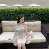 One-Word Shoulder Niche Thin Short Skirt Temperament Black Design Folded A-Character Dress Long-Sleeved Dress Spring And Autumn Girl