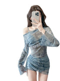 Cowboy Print Mesh Set Of Women's Bare Shoulder Shoulder Long-Sleeved Blouse Drawstring Short Skirt Twitching Three Sets