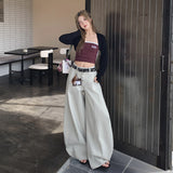 6008 Gray-White Retro Single-Dlong Jeans Women Loose Wide Legs Long Pants