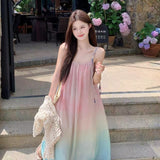 Korean Gradient Sling Dress Women 2026 Summer New Beach Temperament Seaside Holiday Dress Thin Super Fairy