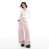 Design Sense High Street Hanging Casual Retro Pink Leopard Straight-Legged Jeans Women Loose Trousers