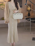Herman Curved Temperament Wool V-Neck Knitting Body Bottom Dress Women Autumn
