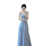 French Blue Tie Sling Dress Women's Summer Seaside Holiday Temperament High-End Feeling Waist Show Thin Pggy Long Skirt