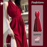 Pure-Want Red Hanging Neck Dress Woman 2025 Early Spring New A-Character Sister To Close The Belt To Repair The Body Of The Long Dress