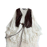 Autumn Dress Muffy Wears Two Sets Of Sweet Lace To Receive Waist Long-Sleeved Dress + Leather Vest