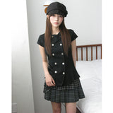 Korean Chic Summer New Retro Girl Polo Collar Double Buckle Waist Thin Short-Sleeved Shirt Top