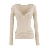 Lace V Collar Inside The Bottom Shirt Women's New Low-Collar Pure Sexy Tea Art Long-Sleeved White Top