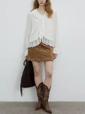 Romantic/French Silk Lotus Edge V-Neck Heavy Industry Lace Elegant Relaxation Long-Sleeved Shirt
