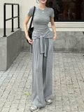 Extremely Simple Style Loose Fashion Suit 2026 Summer New Leisure Belt Shawl Short Sleeves Wide Leg Pants Three-Piece Set