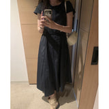 Korean Ins Temperament Simple Summer Cool Feeling Round Neck Short Sleeves With Long Dress 3 Colors