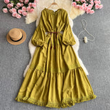 French High-End Lace Splicing Strap To The Waist Lantern Sleeve Dress Female Thin Temperament Over The Knee Dress