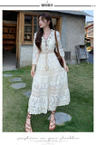 Bohemian Lyso Lace Hook Flower Super Fairy Apricot Long Dress Holiday High Waist Thin Horn Sleeve Dress