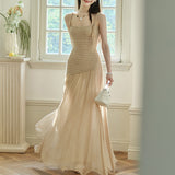 Picking Up Cui Yu Tianxian Vacation Wind Knitting Mesh In The Long-Sling Dress Woman