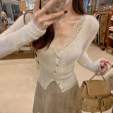 You/Ambience Fabric Fake Two Lace Splicing Knit Top Soft-Haired Sheep Wool V-Neck Knitted Shirt Girl