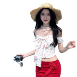 Vacation Red Dress Heat Neon Bow Small Broken Flower Age Reduction Set A Word Shoulder Girl Summer Short Skirt Two Sets