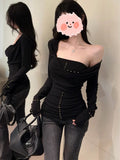 Vintage Hottie Deep V-Necked Long-Sleeved T-Shirt Girl Spring Black Rivet Stud Tops Folded Two-Piece Set