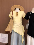 Casual Lazy Wind In Short-Sleeved T-Shirt Women's Summer New Shoulder Shirt Cover Body Slimy Yellow Top