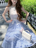 White Pear Water Hand-Scuttered Sky Silk Wisting Sky Sweet Top Blue Striped Wood Ear Half Skirt Set