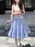 White Pear Water Hand-Scuttered Sky Silk Wisting Sky Sweet Top Blue Striped Wood Ear Half Skirt Set