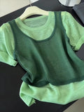 Close Your Eyes Into The Series! Forest Green Fake Two Short-Sleeved Summer Round Neck Thin High-End Temperament Unique Top