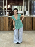 Korean Temperament Sweet Sister Style V Collar Short Sleeves Waist Top Summer New Thin Niche Outside Wearing A Solid Color T-Shirt