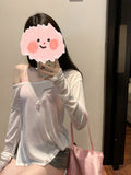 Korean Version Of The Design Feel Shoulder-To-Shoulder Perspective Sunscreen Long-Sleeved T-Shirt Spring And Autumn Pure Wind Open Fork Shirt Casual Top Woman