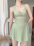 Wow Swimsuit Women's Dress Broken Flower Hanging Neck Small Breast Gathering Swimsuit Explosion Bolisi 8416
