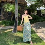 2025 French Atmosphere Print Sling Suit Dress Women's Summer Vintage Flowers Ribbon Holiday Long Skirt