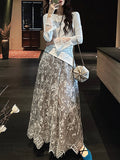 New Chinese Bead Embroidered Silk Velvet Winter Skirt New Lace Mesh Dress